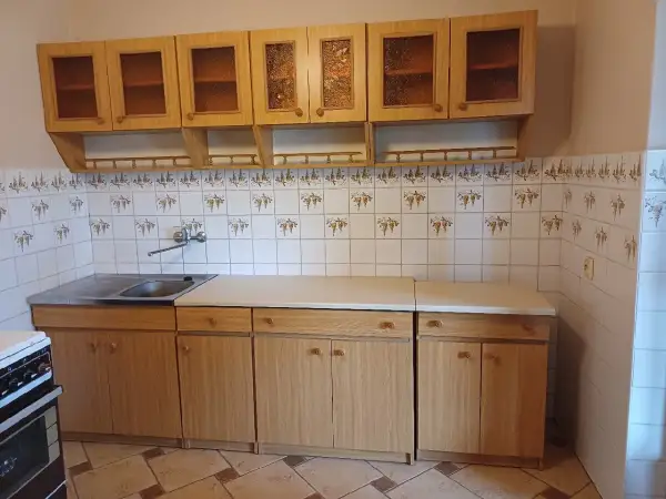 Jasne, oto opis:

Używane meble kuchenne z jasnego drewna, z przeszklonymi frontami szafek wiszących i ceramicznymi płytkami z motywem winogron.